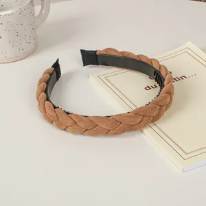 Brown braided suede headband with non-slip teeth for autumn winter hair styling