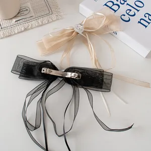 Barrettes à nœuds élégantes en organza noir et champagne avec cristal en forme de cœur