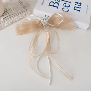Détail du nœud en organza champagne avec strass en cœur et longs rubans de soie