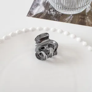 Detailed view of gunmetal mini hair claw clip for styling on white decorative plate