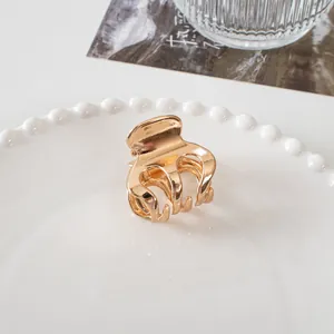 Detailed view of a small golden metal claw clip placed on a decorative white porcelain plate