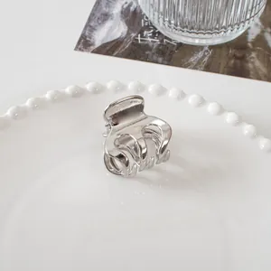 Detailed close-up of a mini silver metal hair claw clip on a decorative tray