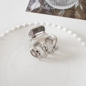 Close-up of a mini silver metal hair claw clip with a polished mirror finish on a ceramic plate