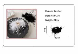 Detail view of ostrich feather hair claw clip in black and white with 13cm size specs