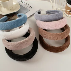 Autumn Winter Plush Faux Rabbit Fur Wide Brim Headband For Women Handmade High Skull Top Solid Color Hair Band Accessories