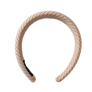 Retro beige cable knit wide headband with handmade woven label for high cranial top