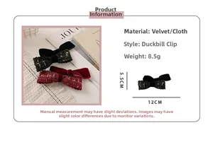 Detail view of velvet bow hair clips showing dimensions 12x5.5cm and duckbill clip design