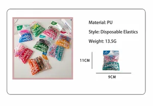Detail showing 100 colorful PU elastic hair ties in a compact 11x9cm packaging bag