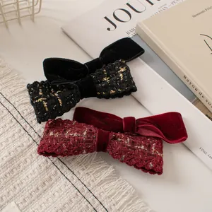 French Vintage Velvet Tweed Bow Hair Clip Elegant Chic Hair Accessories For Women Girls Retro Black Wine Red Hairpin