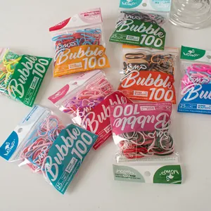 Close-up of 100 colorful elastic hair bands in transparent branded packaging bags