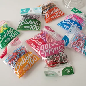 Detail view of colorful 25mm high-elasticity hair ties in individual 100-piece bags