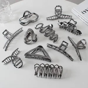 Metal Hair Claws Large Shark Clips Silver Black Gunmetal Geometric Hollow Out Hairpins Fashion Hair Accessories For Women