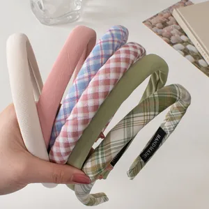 Handmade Padded Fabric Plaid Solid Color Headband Sweet Fashion Sponge Hair Hoop Headpiece For Women Daily Hair Accessories