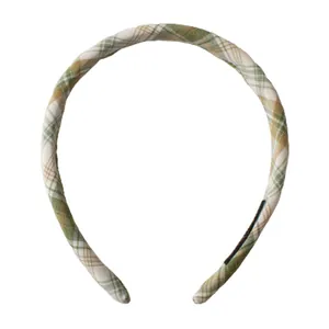 Minimalist green plaid fabric sponge headband for women with thin lightweight design
