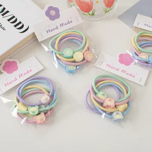 Lot de 5 élastiques à cheveux couleurs macaron avec breloques ours et smileys mignons