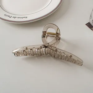 Macro shot of large transparent smoke grey hair claw clip with a sleek twisted design