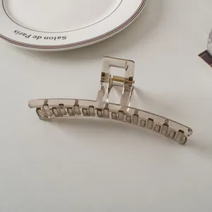 Detail of transparent grey hair claw clip showing sturdy teeth and metal spring