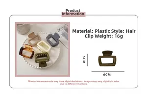 Macro detail of square hair claw clip with 6cm size specifications and earth tone colors