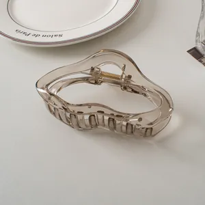 Detail of transparent gray hair claw clip with golden spring on a ceramic plate
