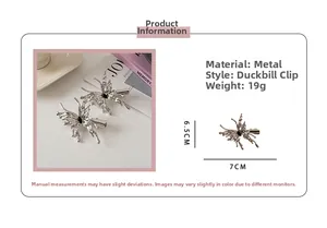 Detail of silver liquid metal butterfly hair clips with black bead accents and size specs