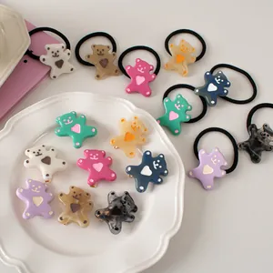 Cute cartoon bear hair clip and elastic band set in macaron colors for girls