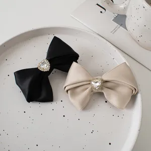 French Retro Satin Bow Hair Clip Elegant Rhinestone Heart Duckbill Clip For Women Wedding Party Hair Accessories