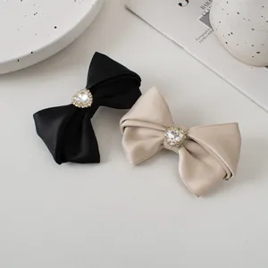 French vintage satin bow hairclip with heart-shaped rhinestone and elegant crystal trim