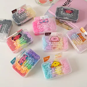 Bunte Kinder-Haargummis im Set in Transparenter Box mit süßen Cartoon-Tier-Motiven