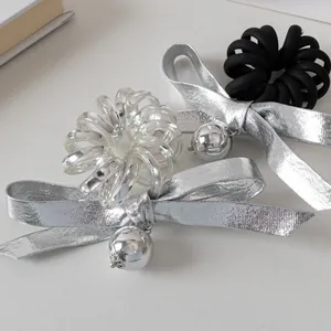 Élastiques à cheveux spirale avec nœud argenté, perles métalliques et style Y2K