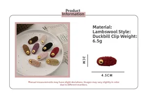 Detailed close-up of wool hair clip texture with metal logo and duckbill clip specifications