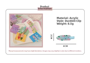 Detail showing acrylic duckbill hair clip dimensions 6cm x 2cm and 8.5g weight info