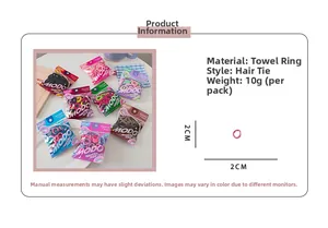 Detail showing 2cm diameter and 10g weight of colorful elastic towel hair ties