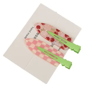 Set of 2 summer cherry and pink checkered seamless hair clips with green metal base