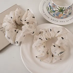 Women Lace Mesh Bow Hair Scrunchie Sweet Creamy White Pleated Hair Ring Elastic Hair Tie French Style Hair Accessories