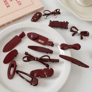 Lot de barrettes à cheveux bordeaux rétro avec nœuds élégants et perles de style chic