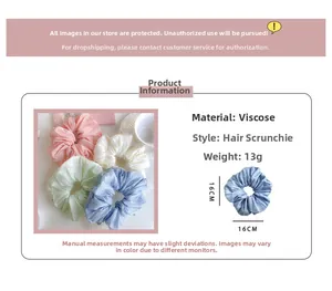 Detailed size specifications of 16cm oversized silk-like scrunchies in four pastel colors