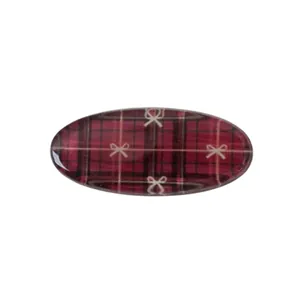 Vintage red plaid oval hair clip with white bow pattern in sweet academic style