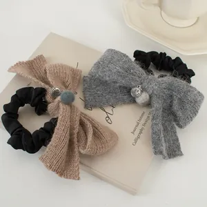 Lot de chouchous nœuds en tricot marron et gris avec pendentifs vintage et haute élasticité