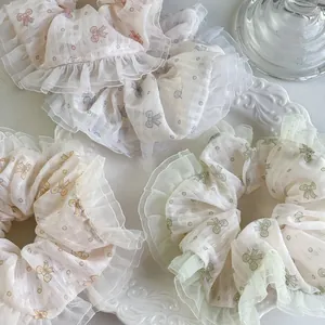 Damen Koreanischer Stil Netz Haargummi Groß Floral Schmetterlingsschleife Druck Haargummi Süß Rüschen Haarseil Elastischer Pferdeschwanzhalter