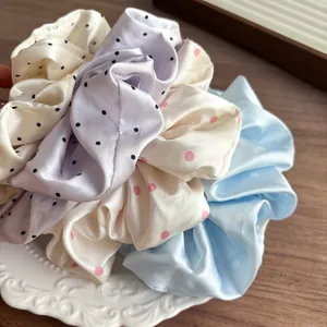 French style satin polka dot scrunchie set in cream, lilac and blue colors