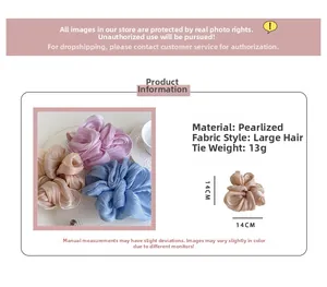 Detailed size specifications for a 14cm large pearl yarn hair scrunchie in pastel colors