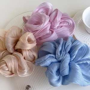 Large Glossy Pearlescent Mesh Scrunchie Pleated Hair Tie Elegant Satin Look Hair Band For Women Fashion Hair Accessories