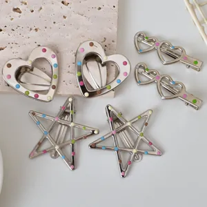 Set of Y2K silver metal hair clips with colorful dots in heart and star shapes