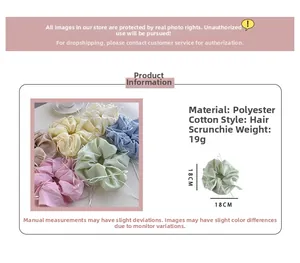Detailed specs of satin bow scrunchies in pastel colors, size 18cm and weight 19g