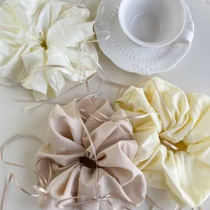 French style silk scrunchies with ribbons in cream, pink and yellow colors