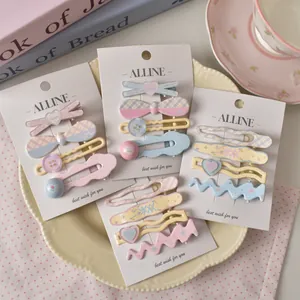 Sweet Macaron Hair Clip Set Plaid Floral Heart Bow Knot Acrylic Duckbill Side Clips Girls Hair Accessories