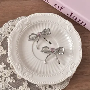 Liquid Metal Bow Hair Clip With Pink Heart Rhinestone Silver Tone Duckbill Clip For Women Girls Hair Accessories Jewelry