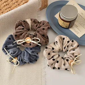 Vintage Velvet Polka Dot Hair Scrunchie With Lace Edge And Wooden Button Bow Knot Elastic Hair Tie For Women Hair Accessories