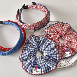Coletero y Diadema de Vichy Rojo Azul Retro Francés de Tela de Cuadros Coleteros Plisados para Mujer Accesorios Diarios para el Cabello