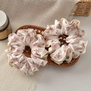 Korean Style Sweet Floral Ruffle Edge Scrunchie Knitted Fabric Elastic Hair Tie For Women Girls BM Style Pastoral Hair Accessories